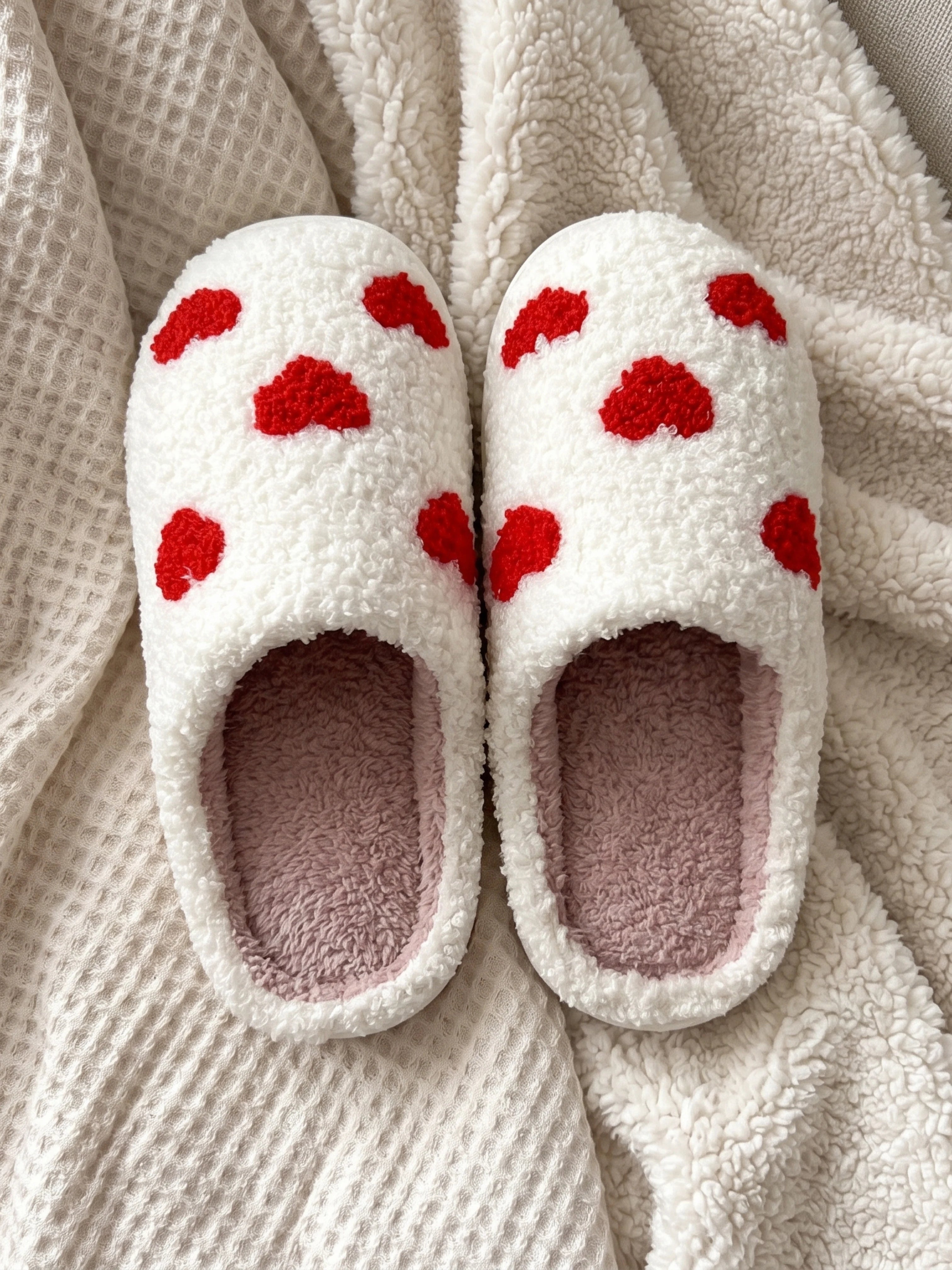 Chaussons moelleux coeurs rouges