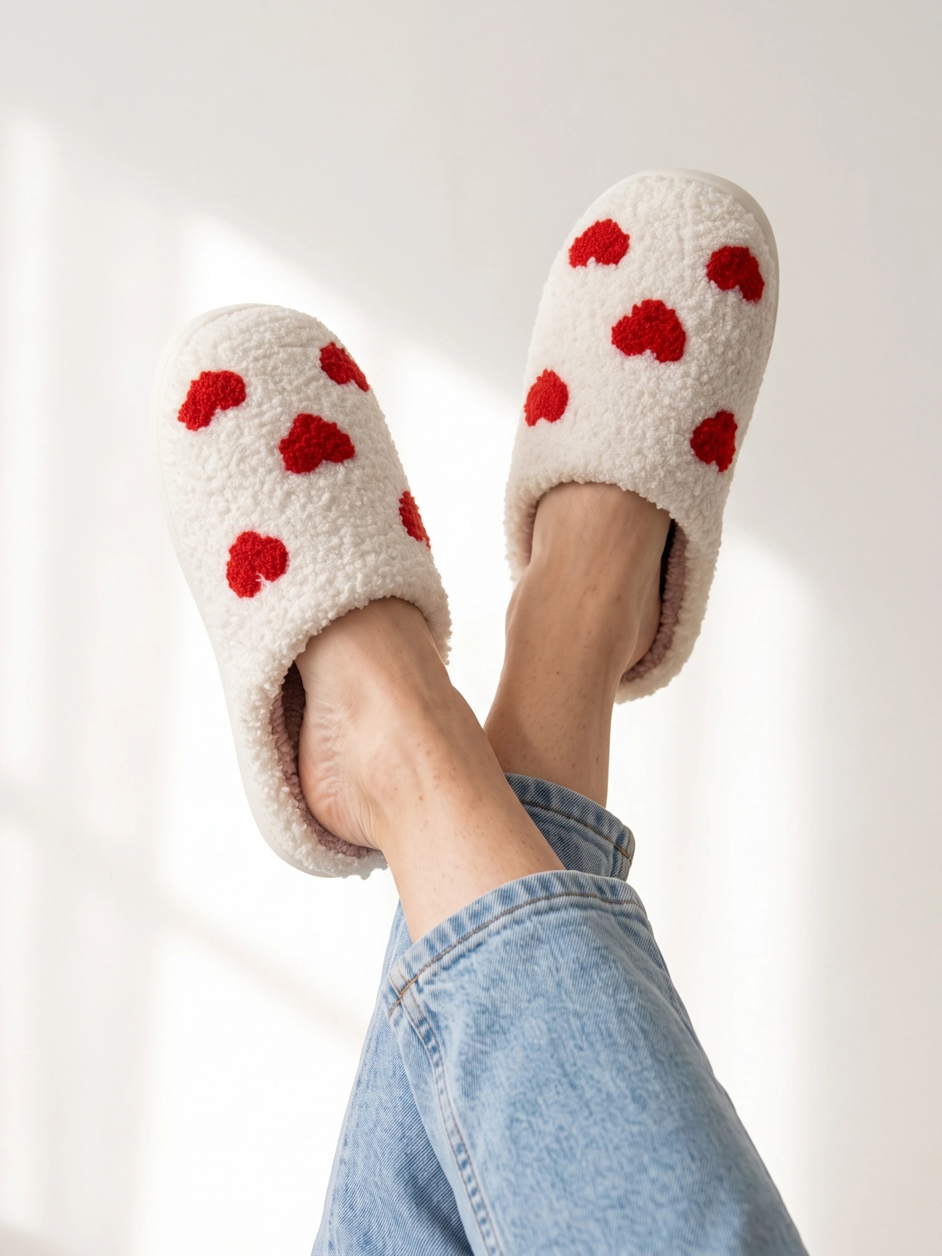 Chaussons moelleux coeurs rouges