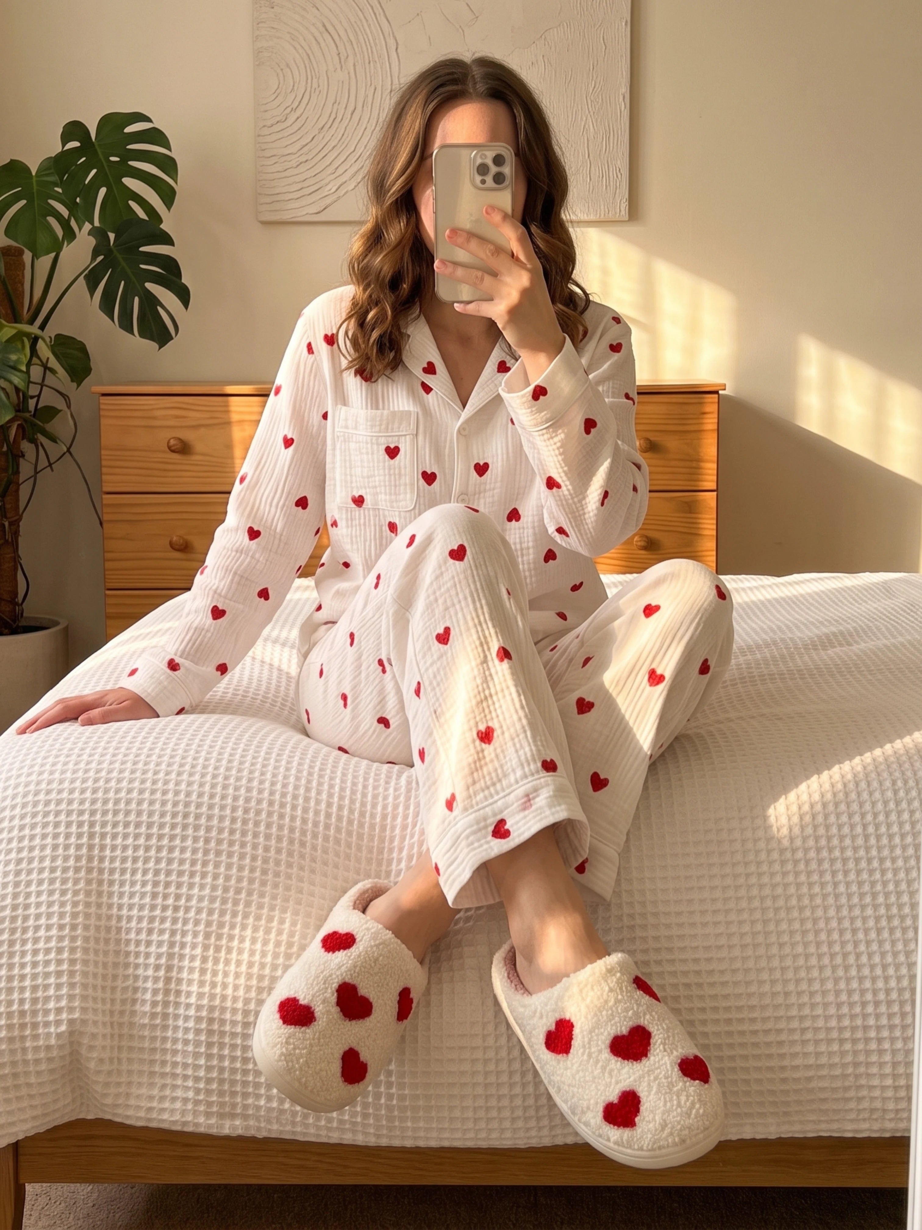 Chaussons moelleux coeurs rouges