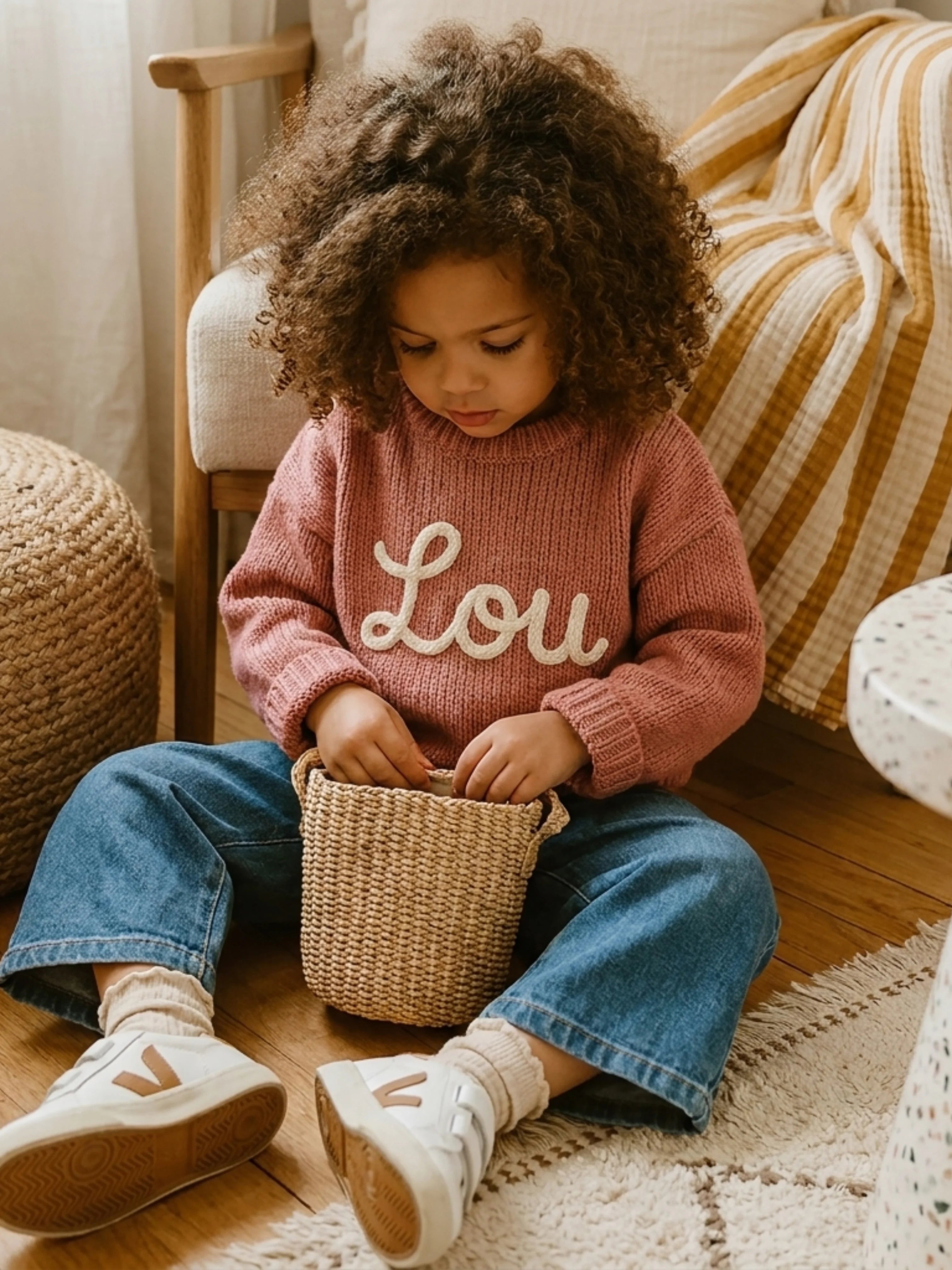 Pull bébé brodé, tricoté main, 100% coton